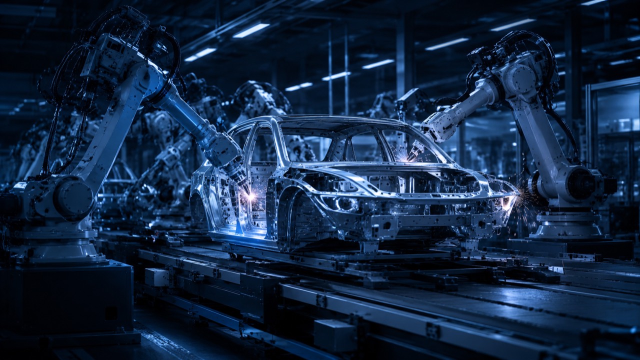 Automobilfertigung mit Industrierobotern an einer Fahrzeugkarosserie, Symbolbild Automotive