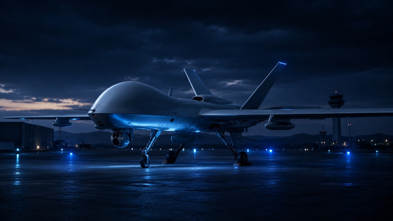 Militärische Aufklärungsdrohne (UAV) auf einem Rollfeld in der Dämmerung, Symbolbild Aerospace & Defense