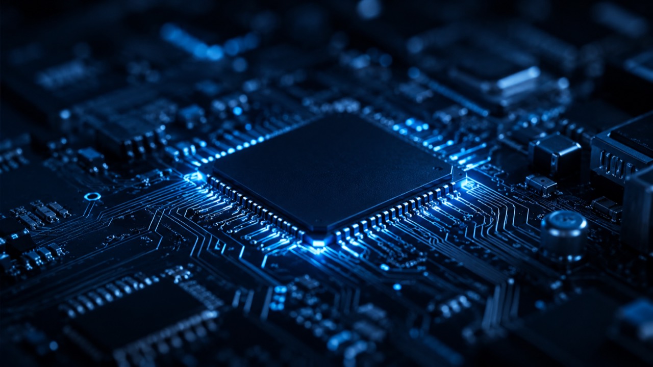 Makroaufnahme einer Platine mit zentralem Mikrochip und leuchtenden blauen Leiterbahnen, Symbolbild Electronics & Industrial