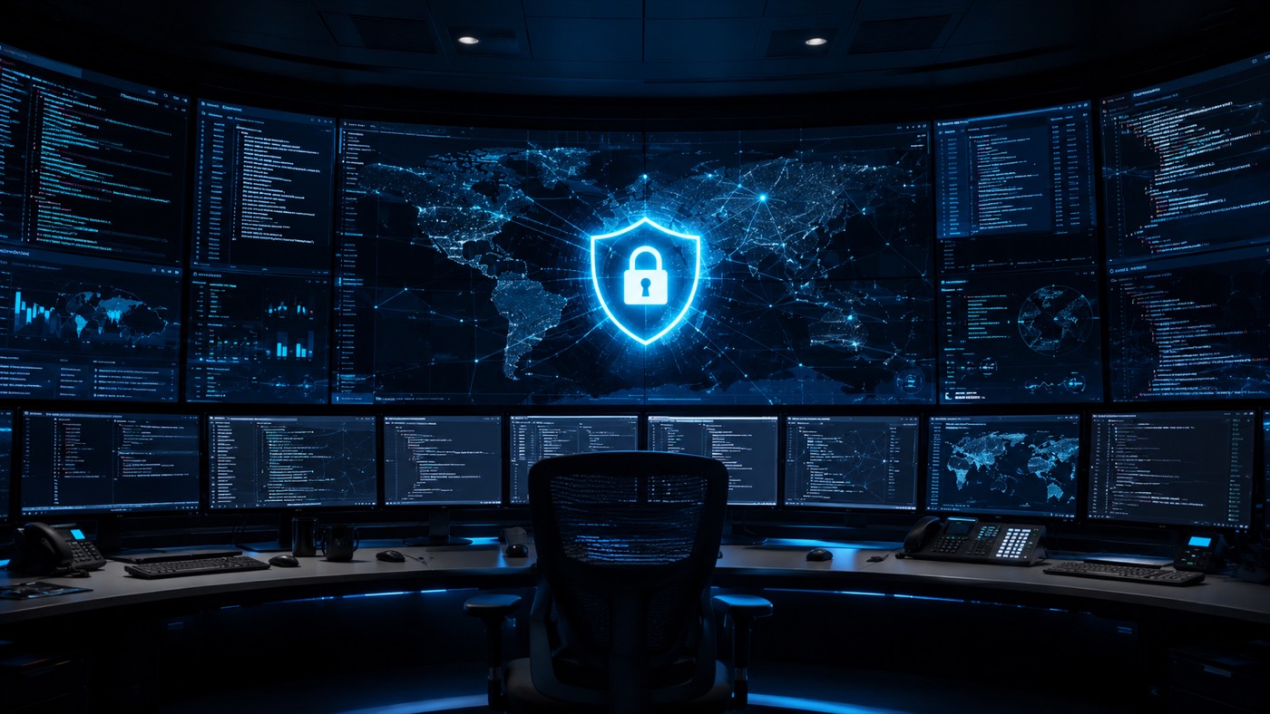 Cybersecurity Operations Center mit Monitorwand, Netzwerk-Weltkarte und leuchtendem Schutzschild-Symbol, Symbolbild Cybersecurity